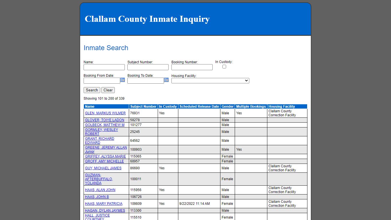 Inmate Search - Clallam County, Washington